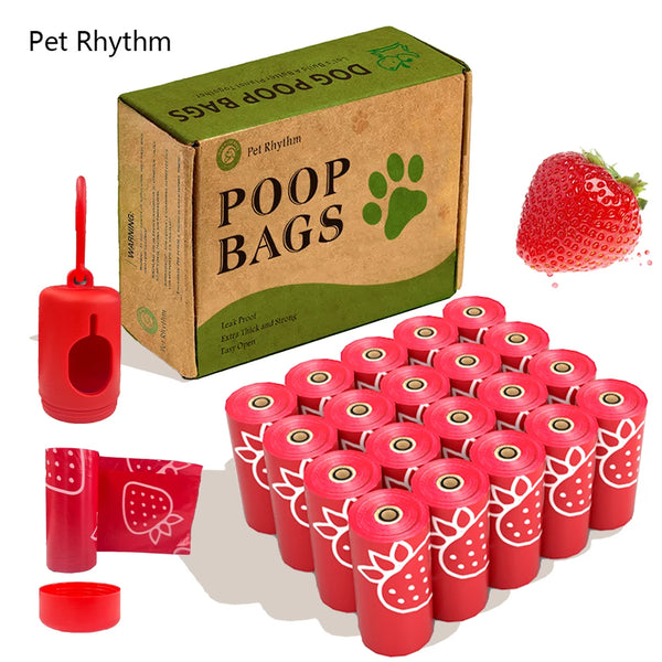 Caja de bolsas para excrementos perfumadas con sabor a fresa y gruesas, y un dispensador rojo