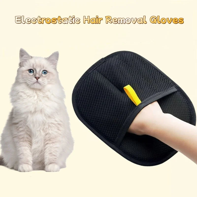 A black electrostatic hair removal glove is shown being used on a cat.