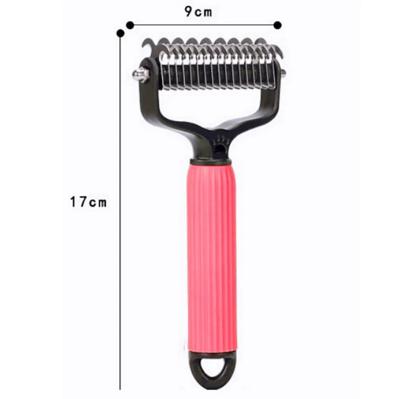 A pink double-sided stainless steel dematting comb for dogs with a metal comb attachment.