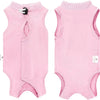 Pink post-surgery recovery suit for cats with a collar and button closure