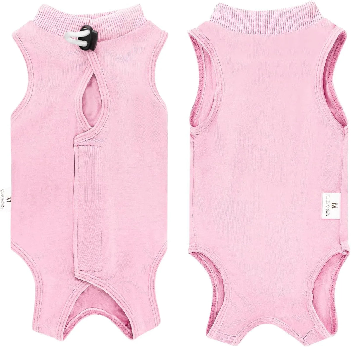 Pink post-surgery recovery suit for cats with a collar and button closure