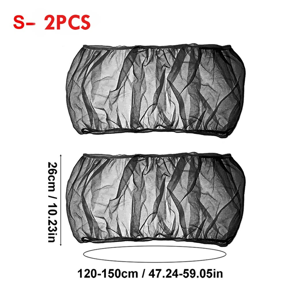Black stretchy bird cage seed guard net, shown flat with dimensions 120-150cm (47.24-59.05in).