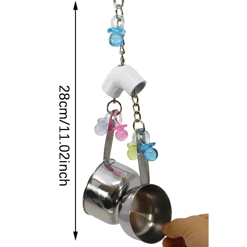 Stainless steel parrot chew toy featuring accent cups and various colored plastic beads