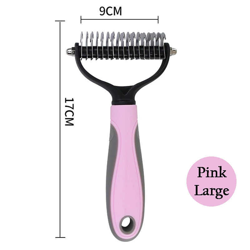 Pink large dual-sided pet deshedding and dematting brush with a 9cm length.