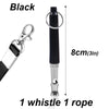 Black adjustable ultrasonic dog whistle with a metal clip and rope for pet training