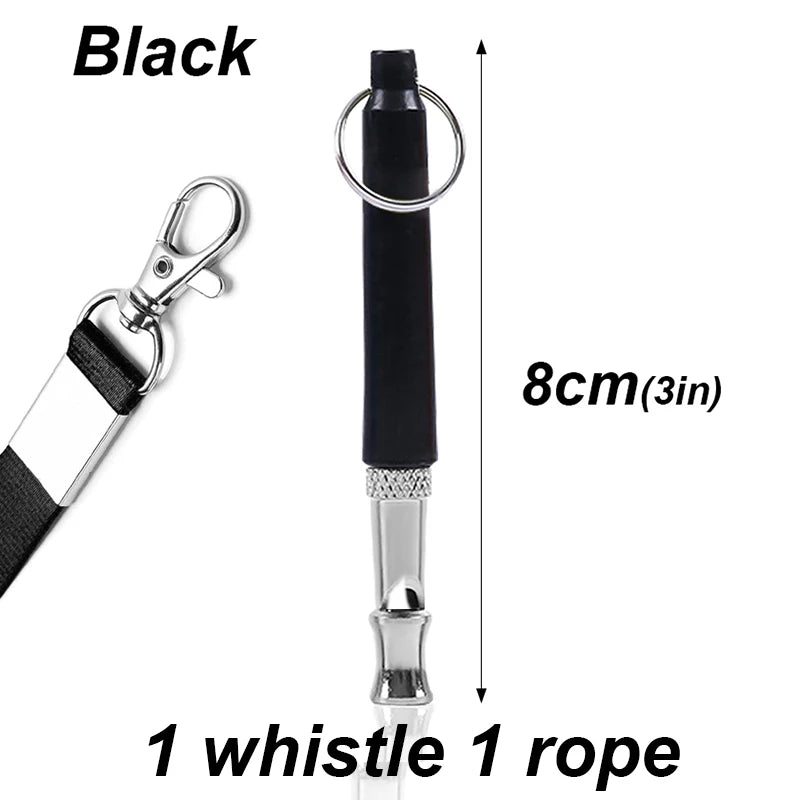 Black adjustable ultrasonic dog whistle with a metal clip and rope for pet training