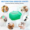 A green silicone pet shampoo brush and grooming comb is shown with various pets like dogs and cats.