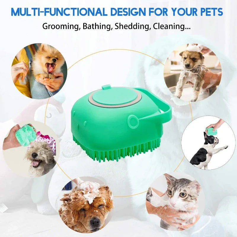 A green silicone pet shampoo brush and grooming comb is shown with various pets like dogs and cats.