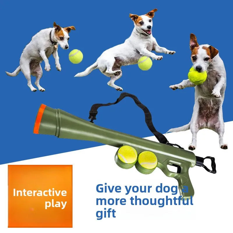 A dog is playing with a green pet ball launcher and yellow balls in a blue background.