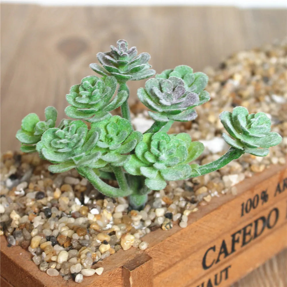 A small, green fake succulent plant with greyish leaves is displayed in a wooden box with gravel.