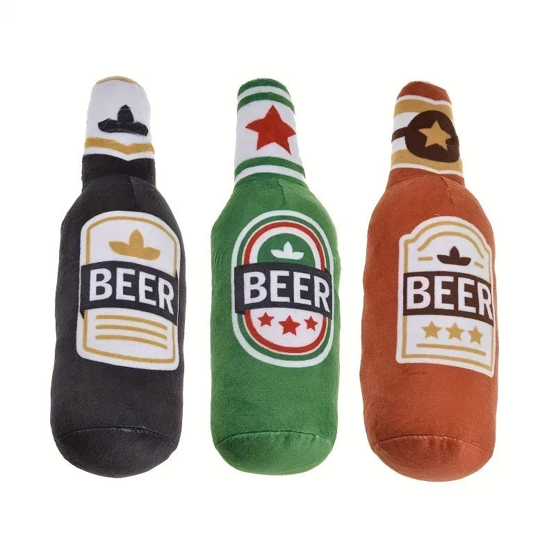 Three realistic beer bottle squeaky dog toys in black, green, and brown.