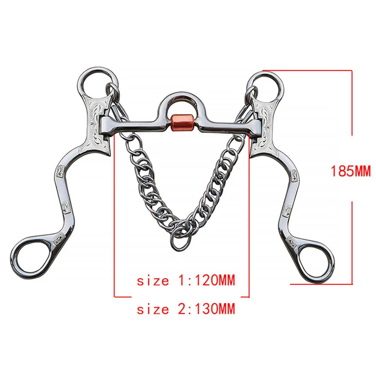 Stainless steel horse bit with a chain and copper mouthpiece, shown with size measurements.