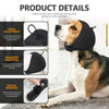 A dog is wearing a black calming ear wrap hood designed to soothe emotions and reduce noise.