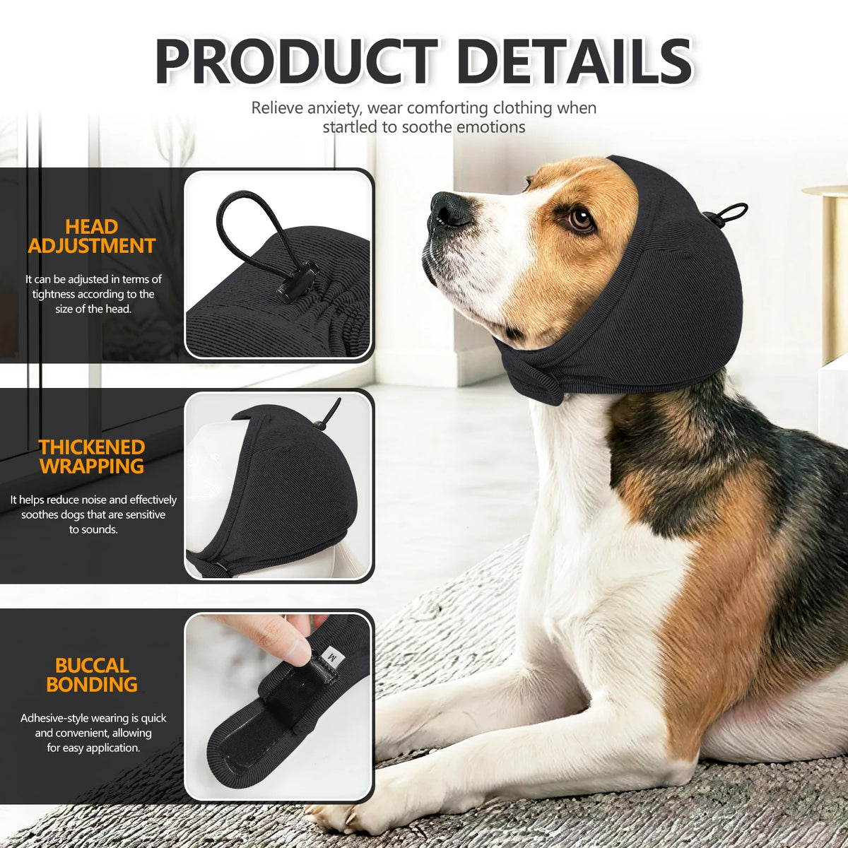 A dog is wearing a black calming ear wrap hood designed to soothe emotions and reduce noise.