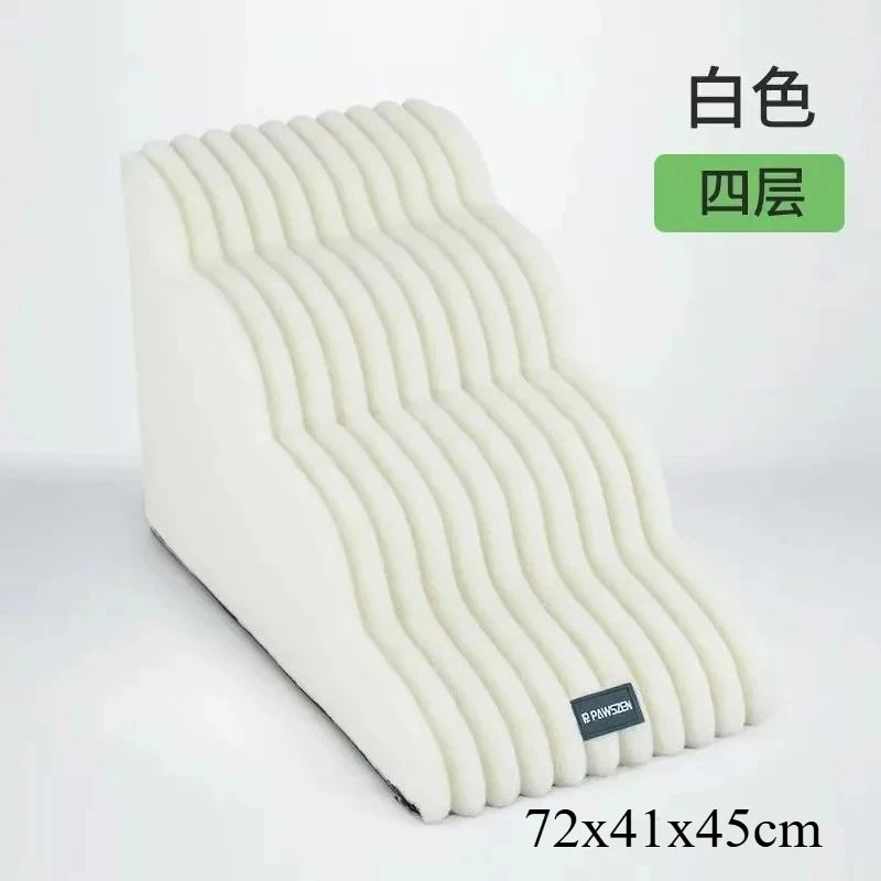 White four-step pet safety ladder for dogs and cats used as a sturdy step aid for beds and sofas