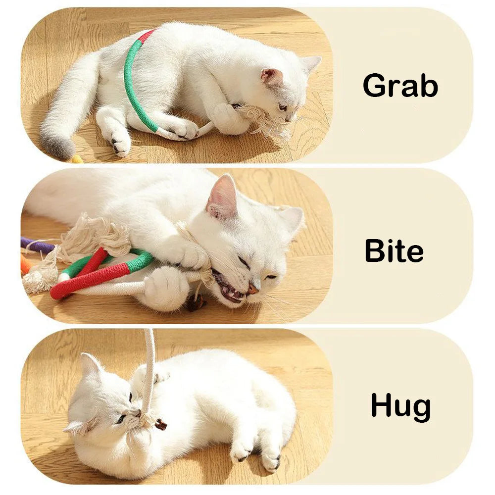 Three stages of interaction with an interactive cotton rope cat toy including grab bite and hug