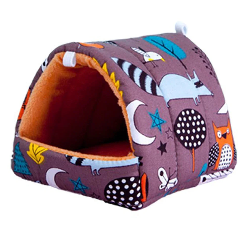 A brown flannel pet nest bed decorated with various animal and celestial patterns.