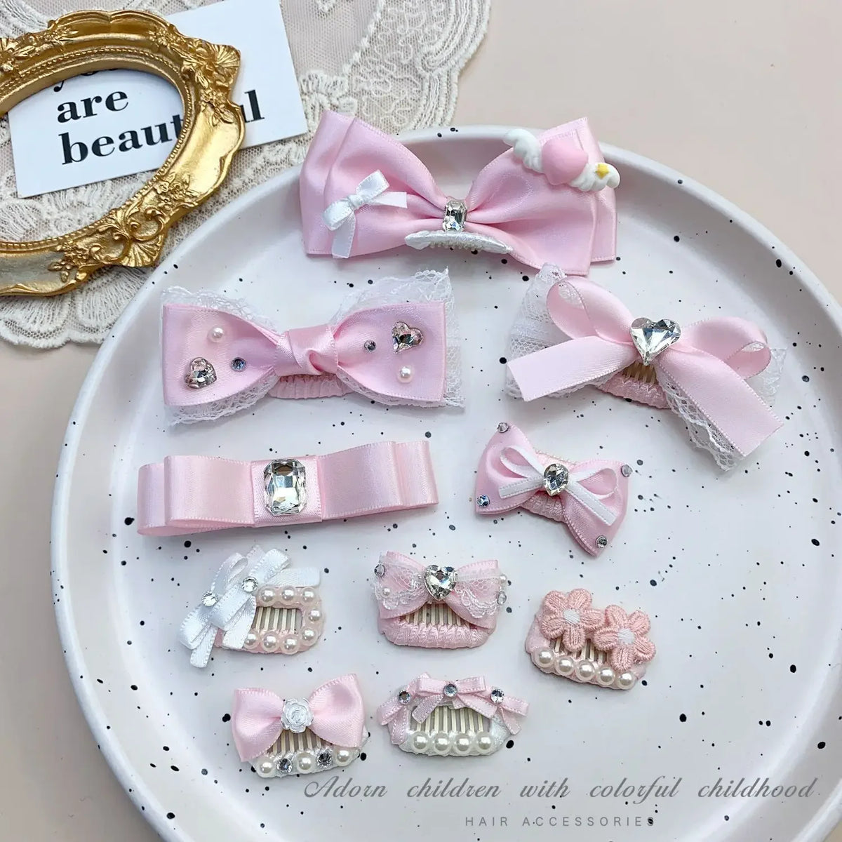 Pink Bow Pet Hair Clip with Rhinestone & Pearl Accents