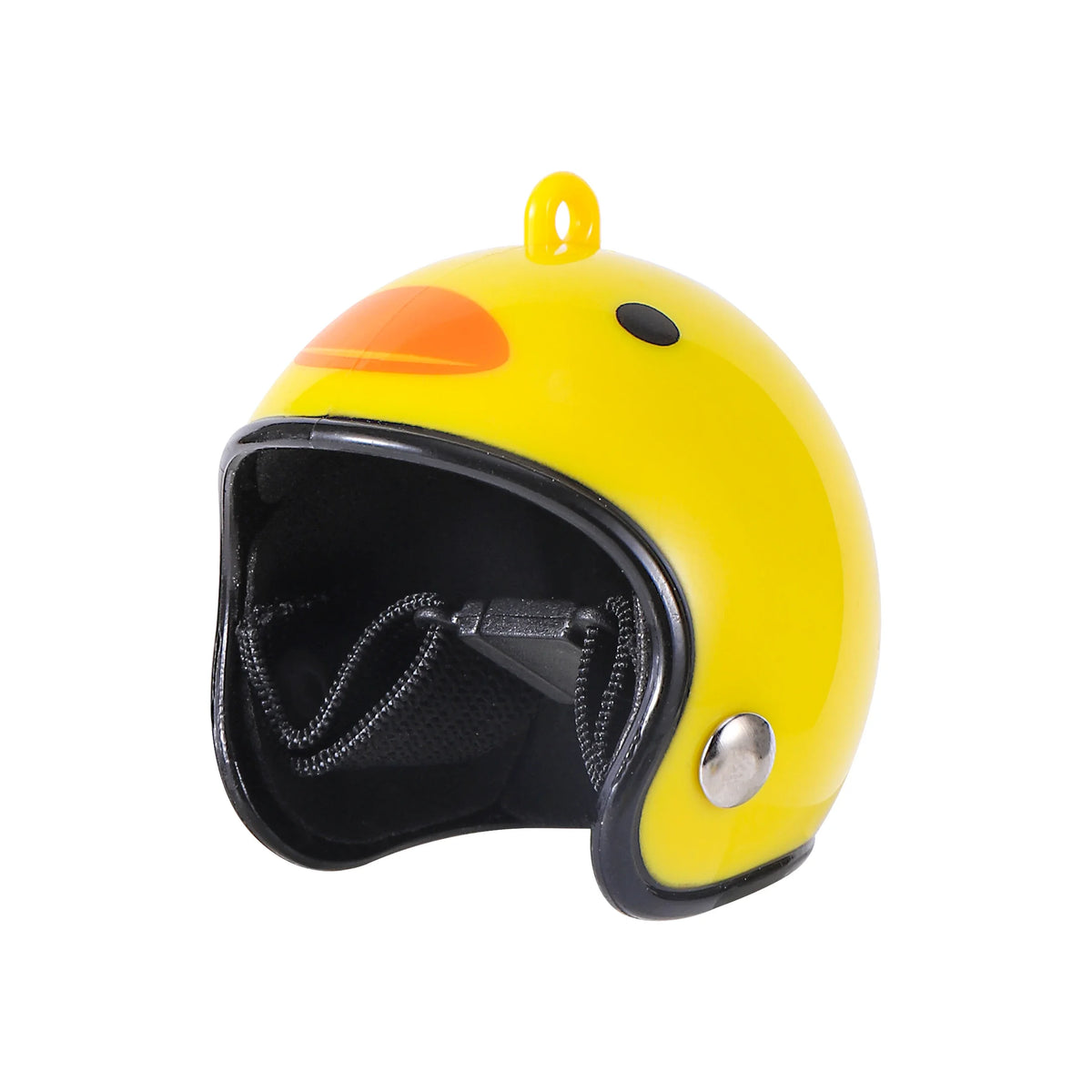 A yellow bird safety helmet with an orange beak and a black interior lining.