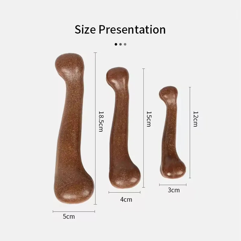 Size presentation of a brown beef bacon-flavored dog chew toy bone showing various lengths.