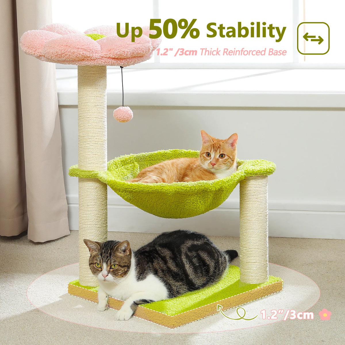 A multi-level cat tree featuring a hammock, scratching posts, and a cozy top perch for cats.