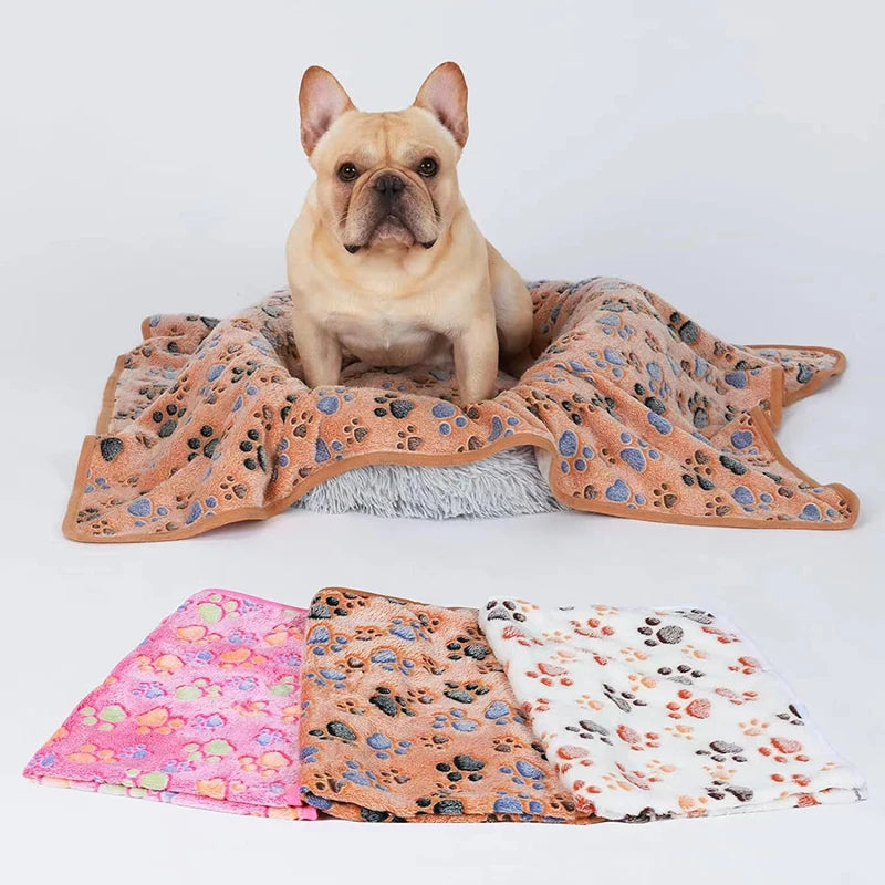 A light fawn dog wearing a cozy flannel fleece pet blanket with a paw print design.