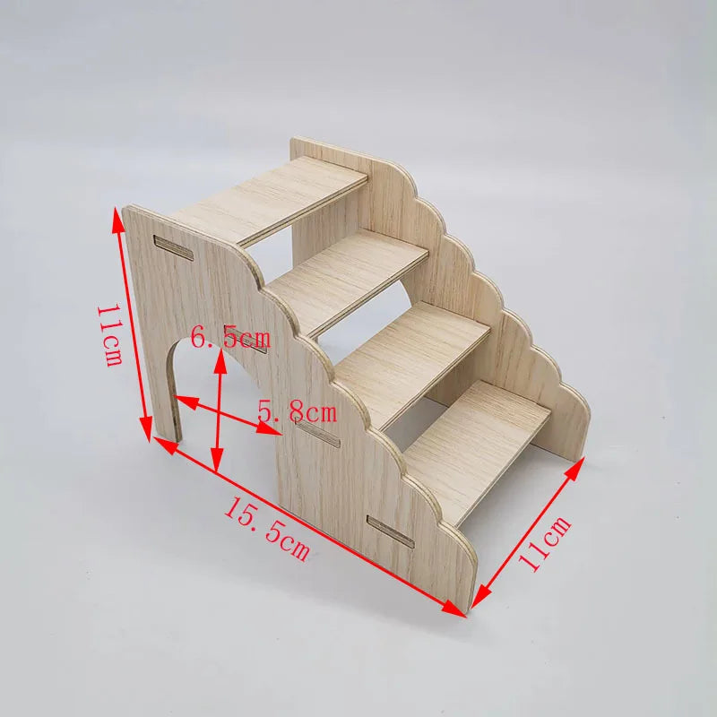 Light wood wooden multi-room maze playhouse for hamsters with dimensions marked.
