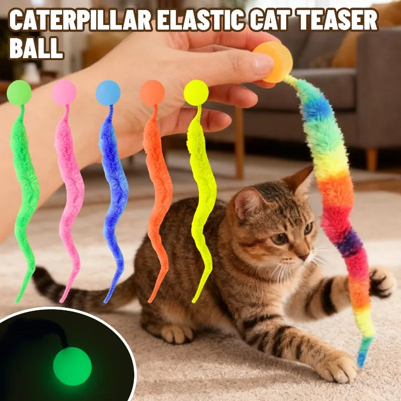 A tabby cat is playing with a colorful elastic cat teaser ball toy that resembles a caterpillar.
