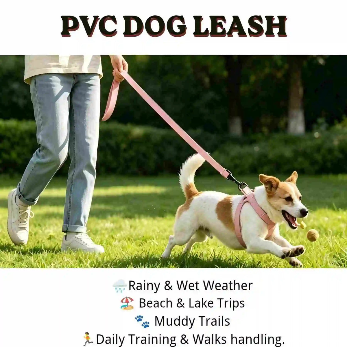 A dog is walking on a green lawn with a pink PVC dog leash in a sunny outdoor setting.