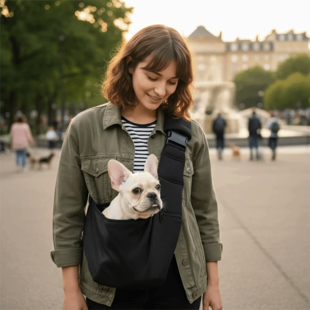 A young woman is holding a small light-colored dog in a black pet carrier bag and safety harness while walking outdoors.