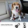 A dog sits on a car seat with a safety belt buckle and a heavy duty bungee leash visible.