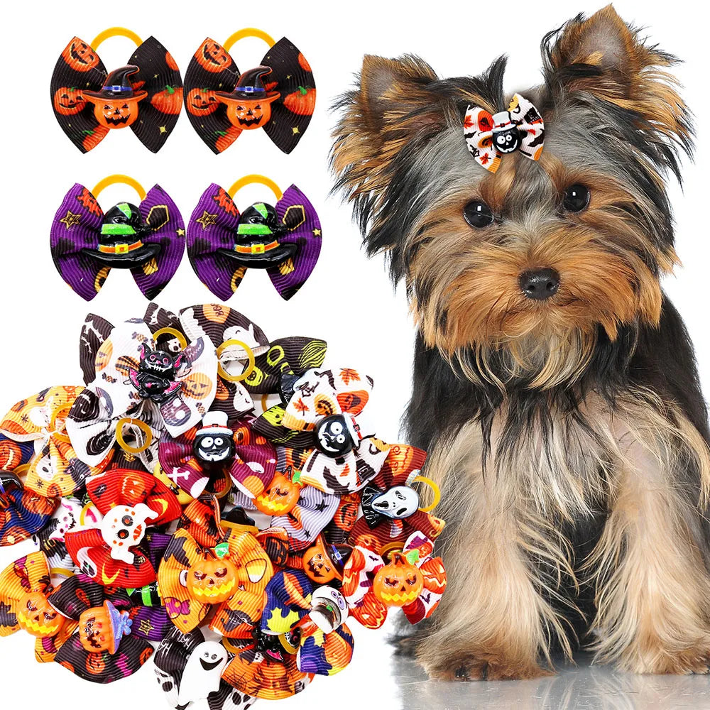 Halloween Pumpkin Print Dog Hair Bows with Rubber Bands