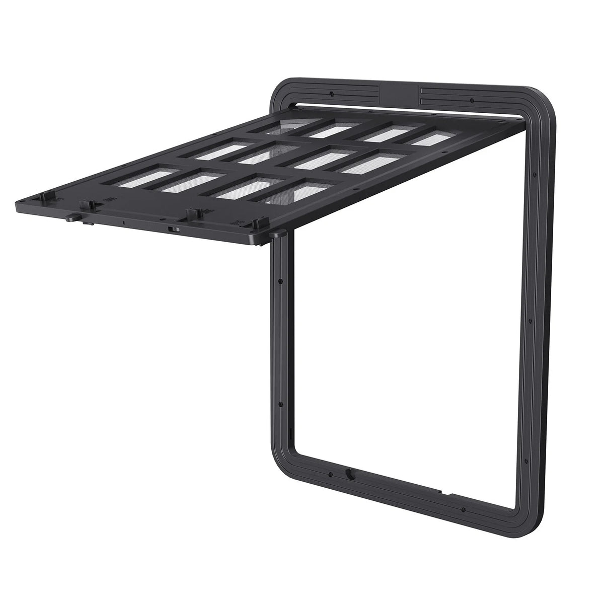 A black magnetic mesh screen door with a self-closing pet flap.
