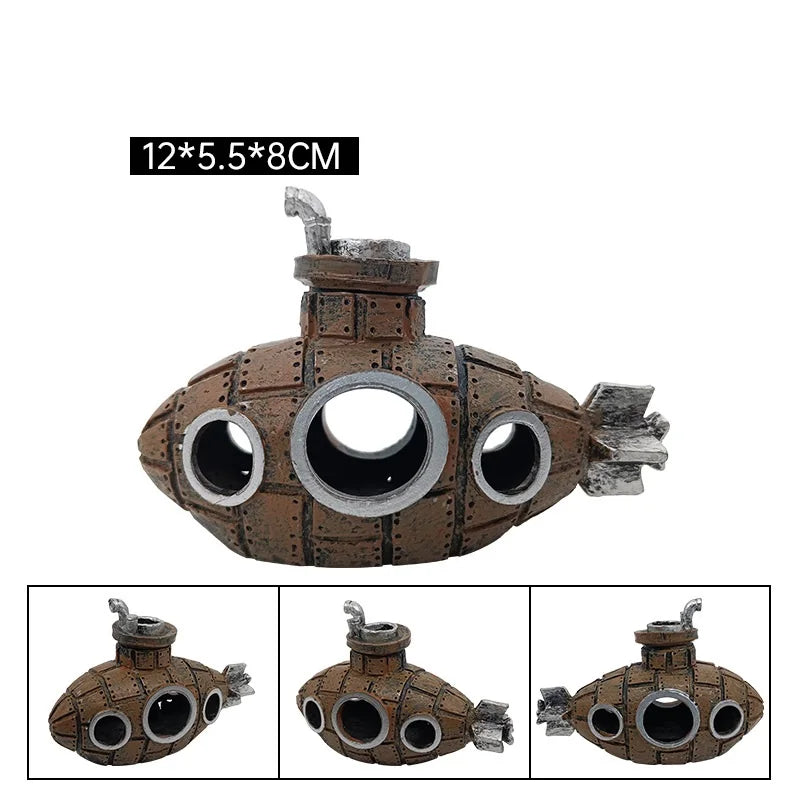A detailed resin submarine ornament with a weathered brown and gray texture, featuring round portholes.
