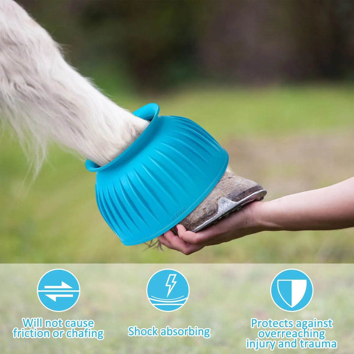 A close-up of a hand placing a blue rubber bell boot on a horse's leg, demonstrating its shock-absorbing and protective featu