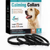 Box of calming collars for dogs with natural ingredients and waterproof design, next to several black collars.