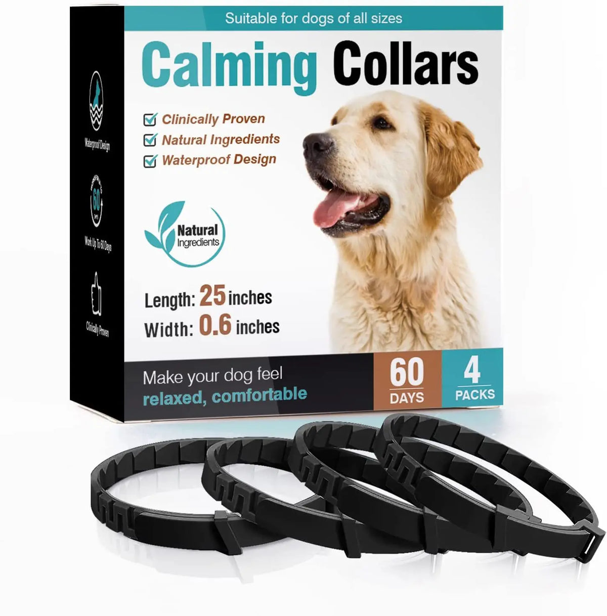 Box of calming collars for dogs with natural ingredients and waterproof design, next to several black collars.