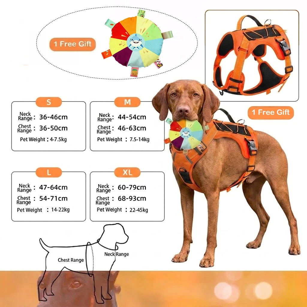 A brown dog wearing an orange tactical harness with reflective trim, shown alongside size options and a free gift.