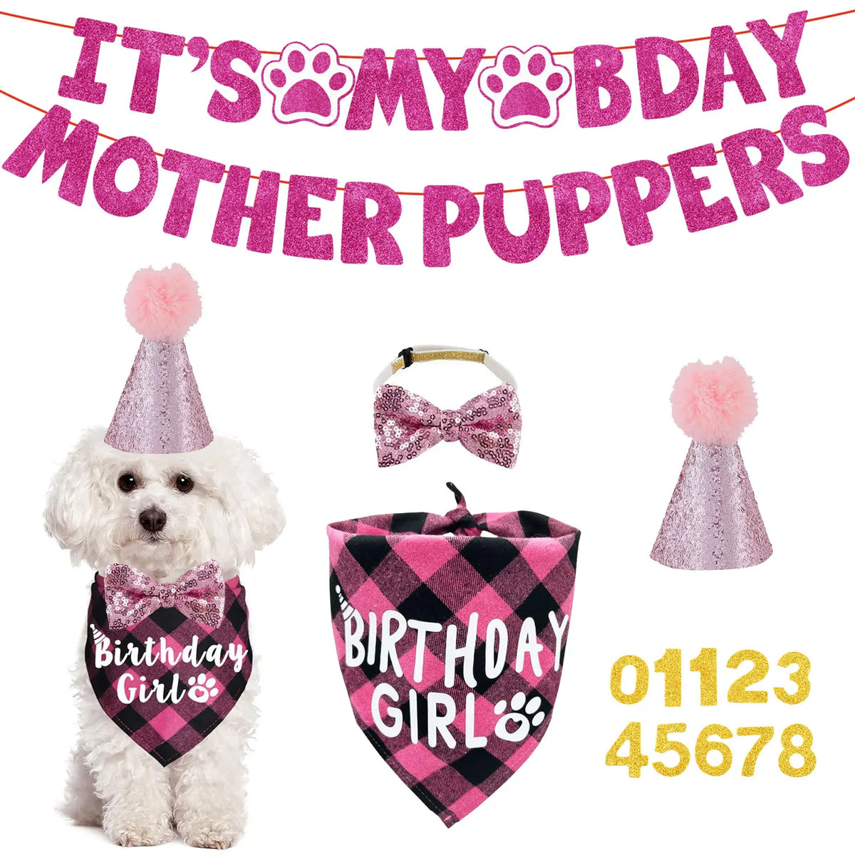 Pink paw print banner with glitter text and a fluffy white dog toy