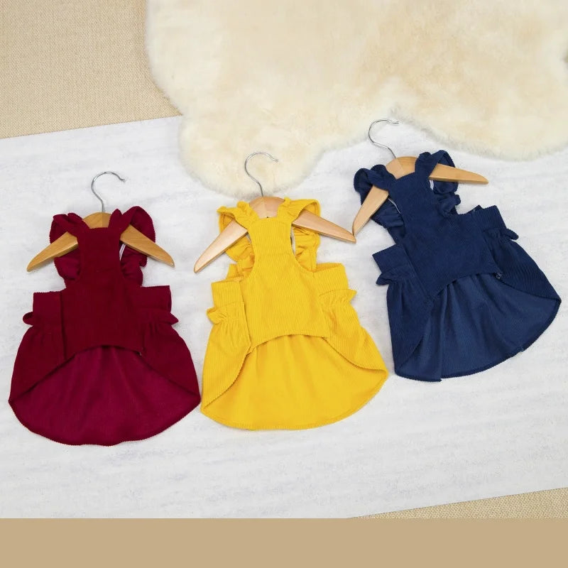 Vintage Corduroy Pet Dress with Bow and Ruffle Skirt