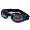 Black durable pet sunglasses with UV protection featuring colorful mirrored lenses and a black strap.