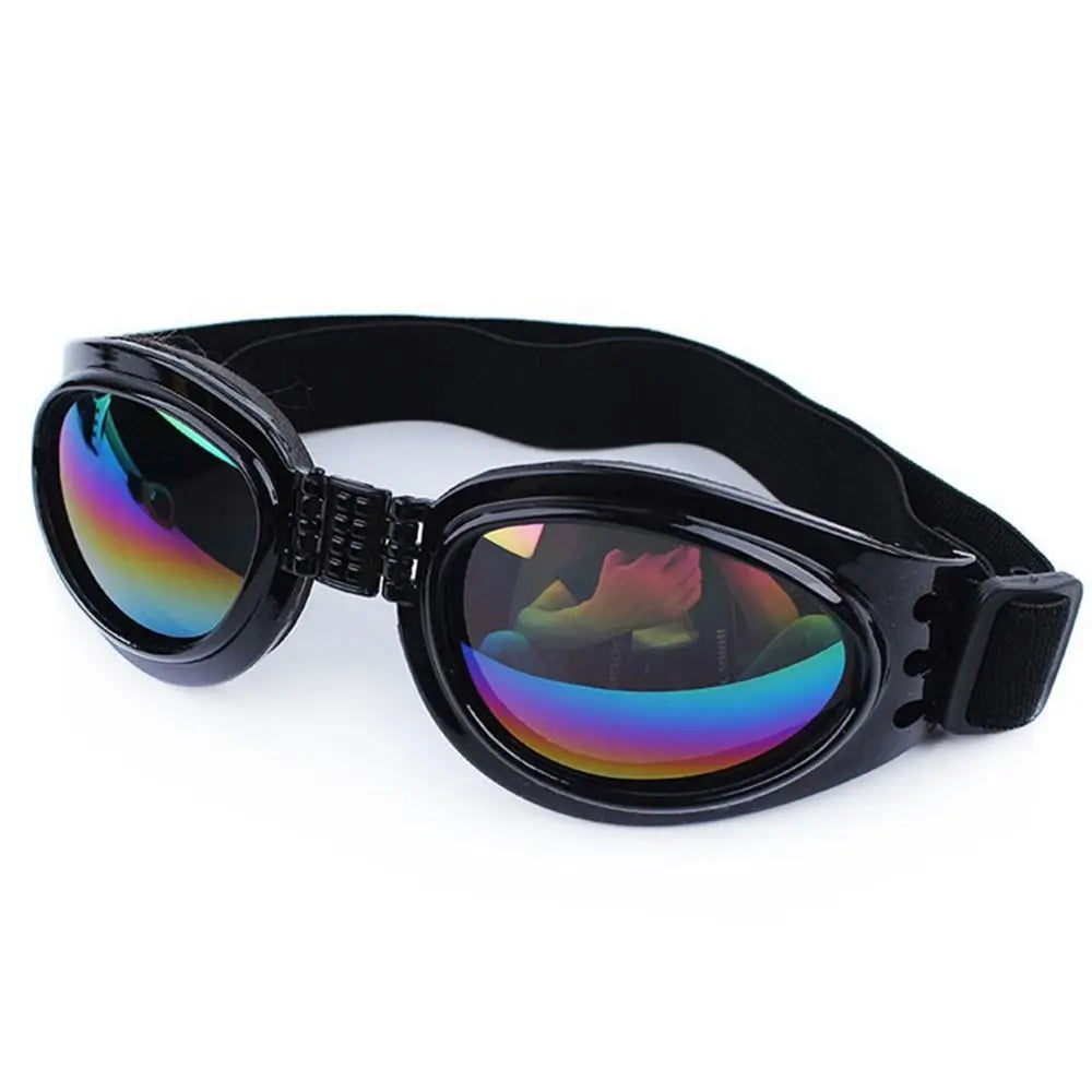 Black durable pet sunglasses with UV protection featuring colorful mirrored lenses and a black strap.