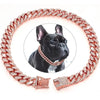 A rose gold diamond Cuban chain pet collar for dogs and cats, featuring a dog wearing it.