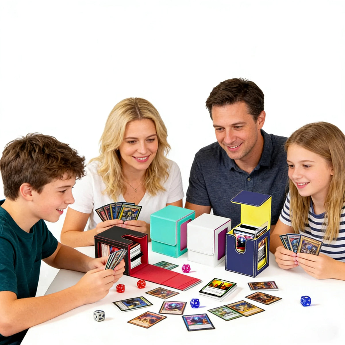 Four people are playing a card game with a PU leather magnetic card deck box and various cards on a white table.