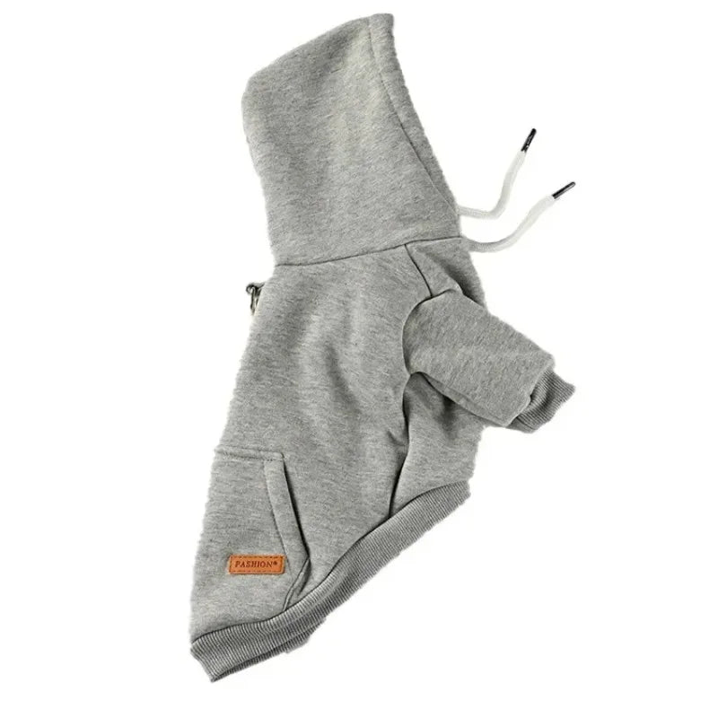 A gray warm fleece dog hoodie with a hood and front pocket.