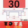 Three silicone rubber hole plugs in black and white are shown next to a size diagram for XY-8065.