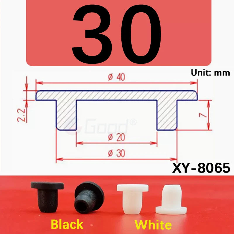 Three silicone rubber hole plugs in black and white are shown next to a size diagram for XY-8065.