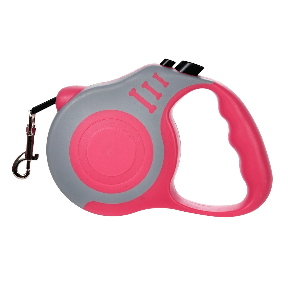 A pink and gray retractable dog leash with a black clip and handle.