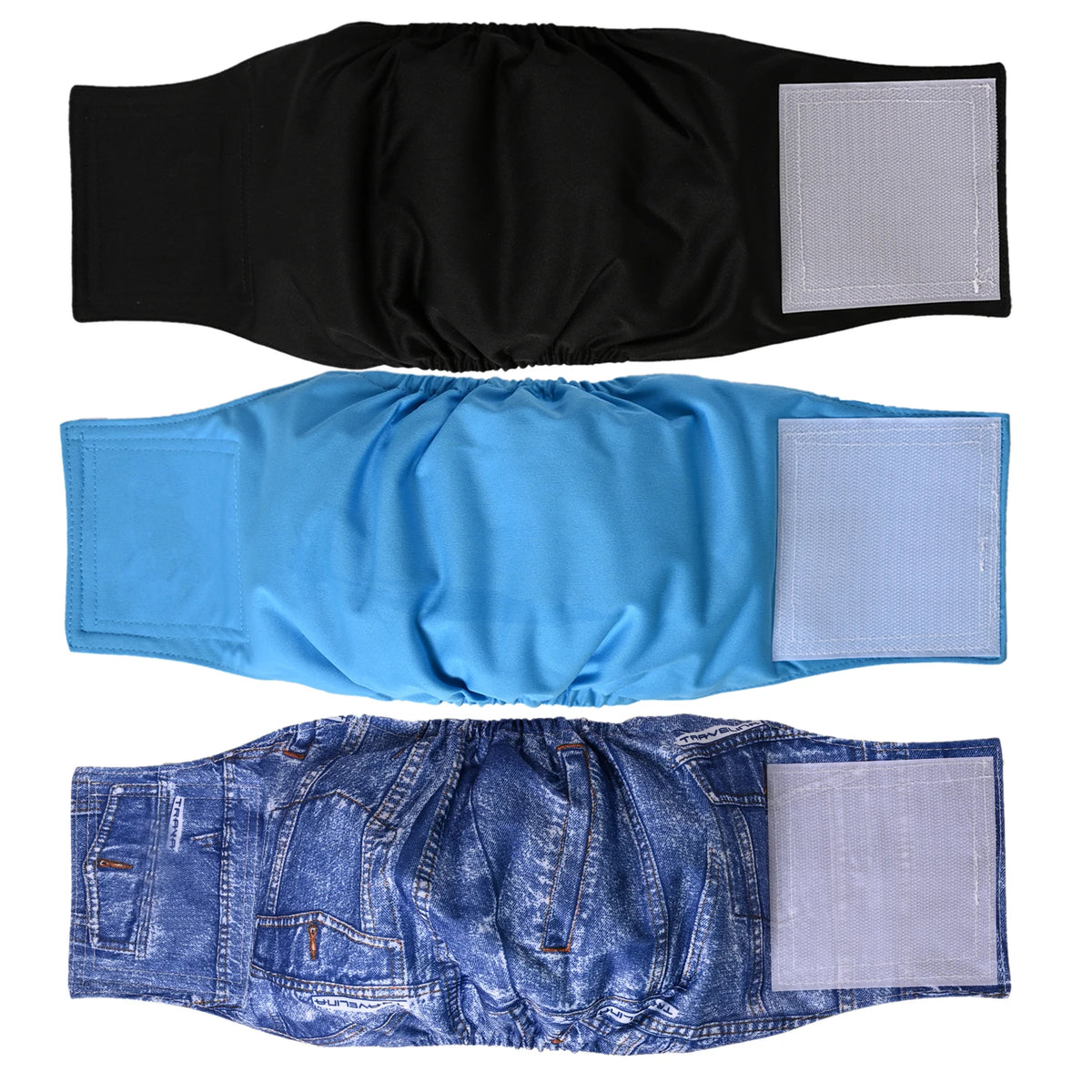 Three washable reusable incontinence diapers for male dogs shown in black, blue, and denim.
