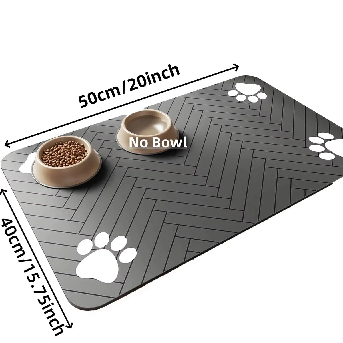 A gray pet feeding mat with a herringbone pattern shows a bowl and paw prints, measuring 50cm/20inch by 40cm/15.75inch.